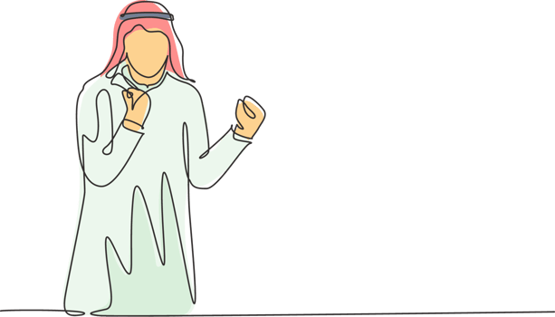 One single line drawing of young happy muslim business man raise hand and celebrate. Saudi Arabian businessmen with shmag, kandora, headscarf, ghutra. Continuous line draw design illustration png