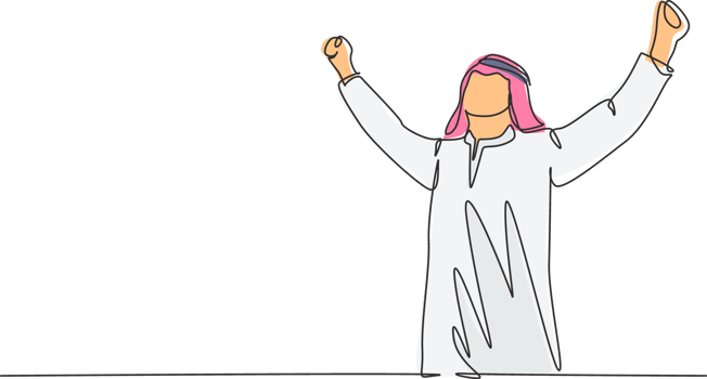 One continuous line drawing of young happy muslim business man raise hands to the air celebrate success. Saudi Arabian with kandura, scarf, keffiyeh cloth. Single line draw design illustration png