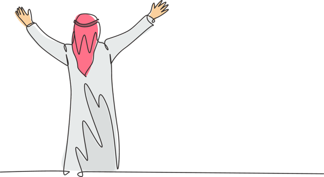 One continuous line drawing of young happy muslim businessman celebrate his business deal project. Saudi Arabian with shemag, scarf, keffiyeh clothing. Single line draw design illustration png