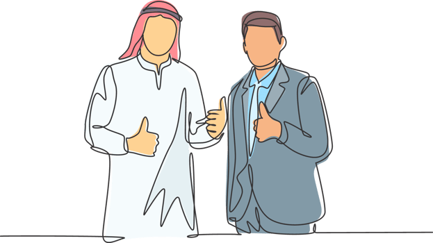 One single line drawing of young happy muslim businessman do collaboration with foreign company. Saudi Arabia cloth shmag, kandora, headscarf, thobe. Continuous line draw design illustration png