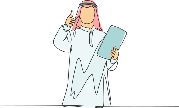 Single continuous line drawing of young muslim business manager give thumbs up and hold company rule policy. Arab middleeast cloth shmagh, kandura, robe. One line draw design illustration png