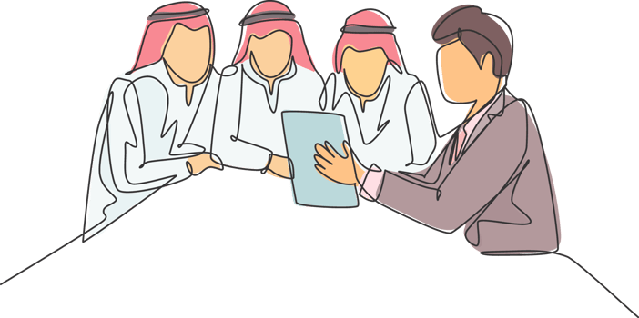 One single line drawing of young happy muslim businessman and colleagues discussing business. Saudi Arabia cloth shmag, kandora, headscarf, thobe. Continuous line draw design illustration png