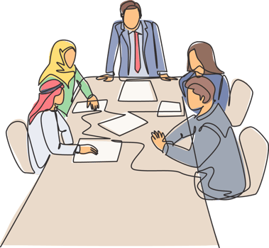One continuous line drawing of young startup businessman do presentation to muslim investor community. Islamic clothing kandura, scarf, keffiyeh, hijab. Single line draw design illustration png