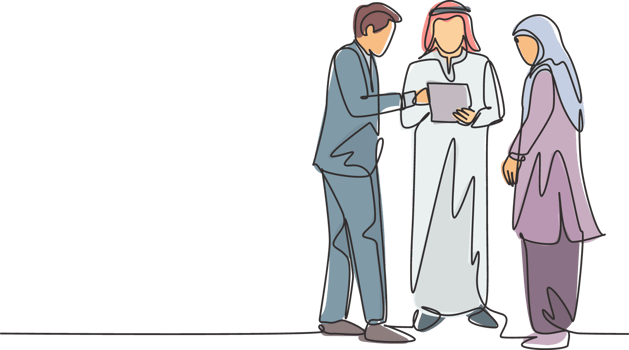One single line drawing of young muslim businessman discussing business deal together. Saudi Arabia cloth shmag, kandora, headscarf, thobe, hijab. Continuous line draw design illustration png