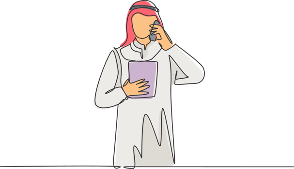 Single continuous line drawing of young male muslim supervisor calling his staff to control the job task. Arab middleeast cloth shmagh, kandura, thawb, robe. One line draw design illustration png