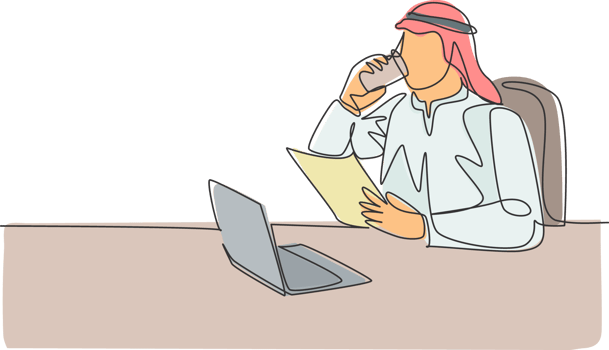 One continuous line drawing of young muslim businessman reading business annual report paper. Saudi Arabian male with shmag, kandora, headscarf, thobe, ghutra. One line draw design illustration png