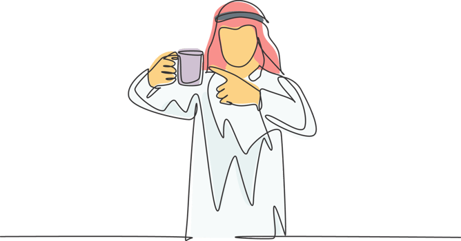 Single continuous line drawing of young muslim office worker pointing finger to mug of coffee. Arab middleeast male cloth shmagh, kandura, thawb, robe. One line draw design illustration png
