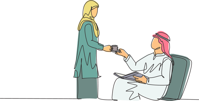 Single continuous line drawing of young wife muslimah giving a cup of coffee to her muslim husband. Romantic saudi arabian islamic couple with kandora, veil, hijab. One line draw design illustration png