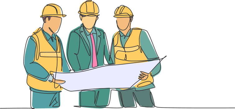 One continuous line drawing of young construction coordinator discussing construction design plan to team member. Building architecture business concept. Single line draw design graphic illustration png