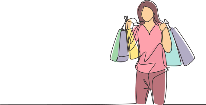 One single line drawing young happy beauty woman holding paper bags after buying dress, fashion, make up, cosmetic at mall. Commercial retail shopping concept. Continuous line draw design illustration png