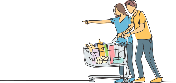 Single continuous line drawing happy young couple pushing trolley when shopping daily goods at supermarket. Buying monthly organic product concept. One line draw graphic design illustration png