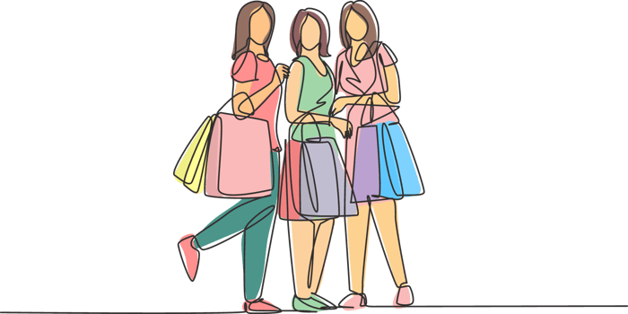 Single continuous line drawing group of beauty women holding paper bags while shopping together at mall. Business retail shopping concept. One line draw graphic design illustration png