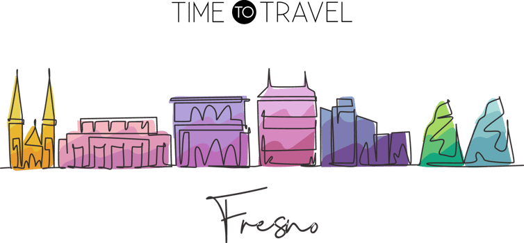 One single line drawing of Fresno city skyline, California. Town landscape for home wall decor poster. Best holiday destination. Trendy continuous line draw graphic design illustration png