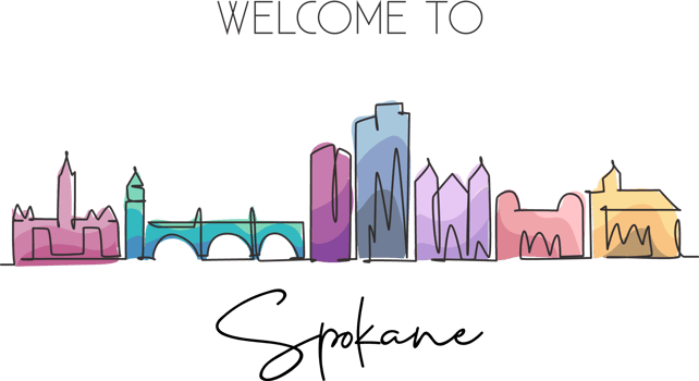 Single continuous line drawing of Spokane city skyline, Washington. Famous scraper landscape. World travel home wall decor art poster print concept. Modern one line draw design illustration png