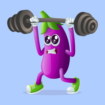 Cute eggplant character lifting weights vector