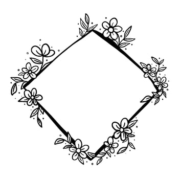 Black line flowers leaves square diamond shape frame. Vector illustration for decorate logo, text, wedding, greeting cards and any design.