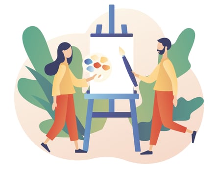 Art school or studio. Artist. Tiny people artists with canvas on easel, pallete and brushes. Art workshop. Create picture. Modern flat cartoon style. Vector illustration on white background