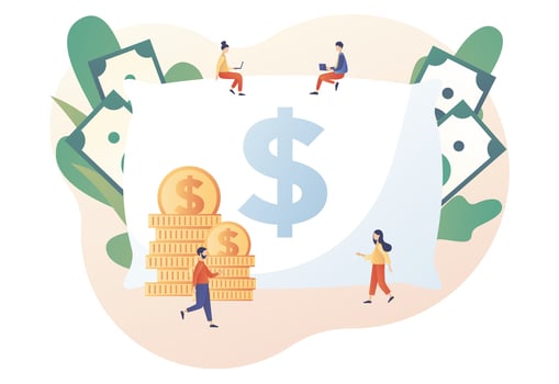 Money pillow. Personal finance, money savings, emergency support fund, personal capital, insurance. Tiny people growth financial. Modern flat cartoon style. Vector illustration on white background