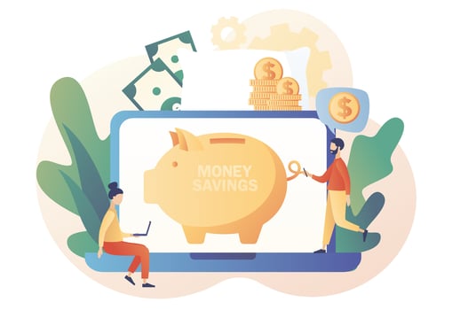 Money pillow online. iny people growth financial. Piggy bank. Personal finance, money savings, emergency support fund, personal capital, insurance. TModern flat cartoon style. Vector illustration