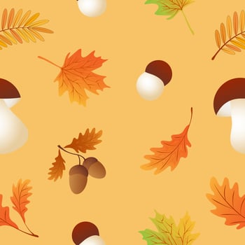 Autumn seamless pattern with maple leaves,acorns,oak leaves,rowan leaves,ceps. vector