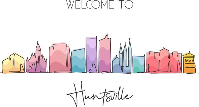 One continuous line drawing of Huntsville city skyline, Alabama. Beautiful landmark. World landscape tourism travel wall decor poster, postcard. Stylish single line draw design illustration png