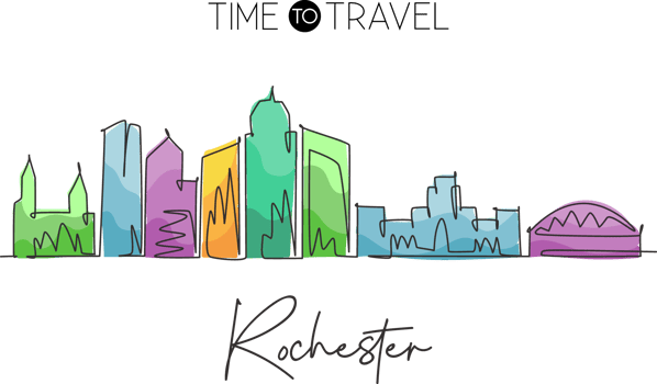 One continuous line drawing Rochester city skyline, New York State. Beautiful landmark. World landscape tourism travel wall decor poster, postcard. Stylish single line draw design illustration png