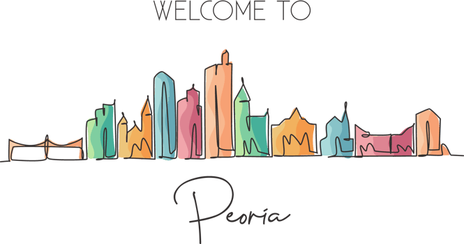One single line drawing Peoria city skyline, Illinois. World historical town landscape poster. Best holiday destination postcard. Editable stroke trendy continuous line draw design illustration png