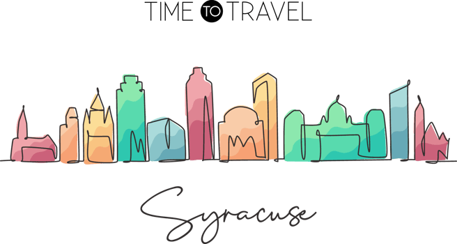 One single line drawing Syracuse city skyline New York State. World historical town landscape. Best holiday destination postcard. Editable stroke trendy continuous line draw design illustration png