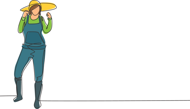 Continuous one line drawing female farmer stood with celebrate gesture, wearing straw hat and farm uniform to plant crops on farmland. Success work. Single line draw design graphic illustration png