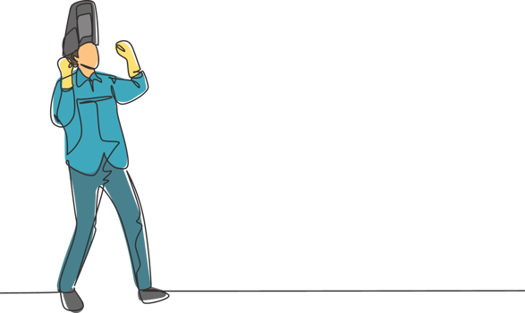 Continuous one line drawing welder stands with celebrate gesture and face shield is removed ready to work in his iron workshop. Successful business. Single line draw design graphic illustration png