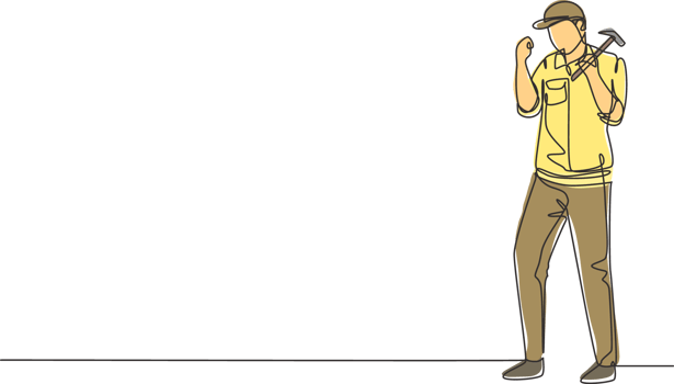 Single one line drawing carpenter standing with celebrate gesture works for wood industry and must be skilled at using carpentry tools. Modern continuous line draw design graphic illustration png