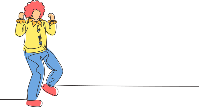 Single one line drawing clown stands with celebrate gesture wearing wig and clown costume ready to entertain audience in circus arena. Modern continuous line draw design graphic illustration png