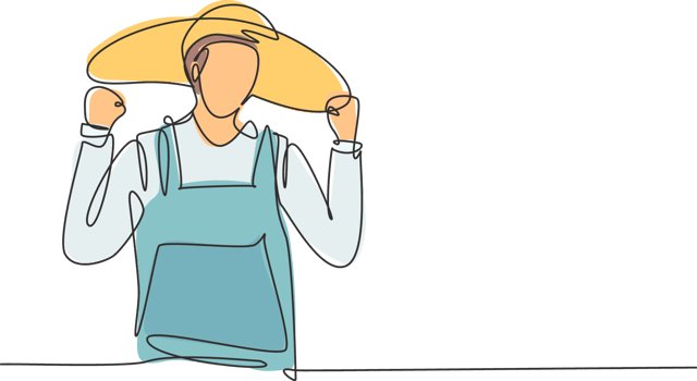 Single one line drawing farmer with celebrate gesture wearing straw hat and farm uniform to work on the farm. Success business concept. Modern continuous line draw design graphic illustration png