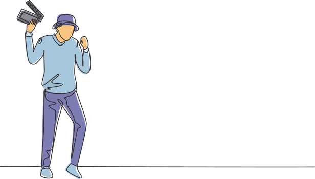 Single continuous line drawing film director stands with celebrate gesture holding clapperboard and prepare camera crew for shooting at studio. Dynamic one line draw graphic design illustration png