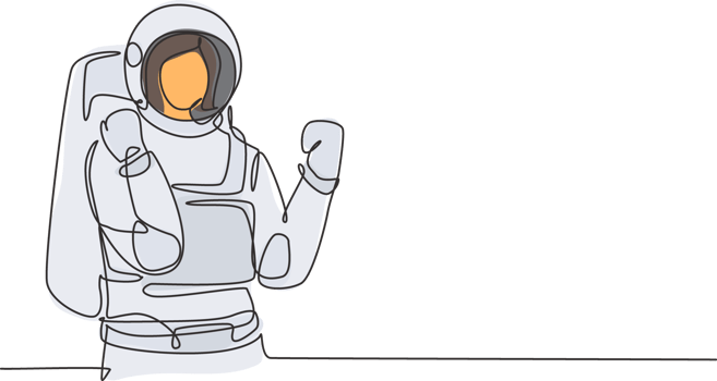 Continuous one line drawing female astronaut with celebrate gesture wearing spacesuits to explore outer space in search mysteries of universe. Single line draw design graphic illustration png