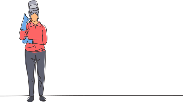 Single continuous line drawing female welder stands with call me gesture and face shield is removed ready to work in iron workshop. Success business. One line draw graphic design illustration png