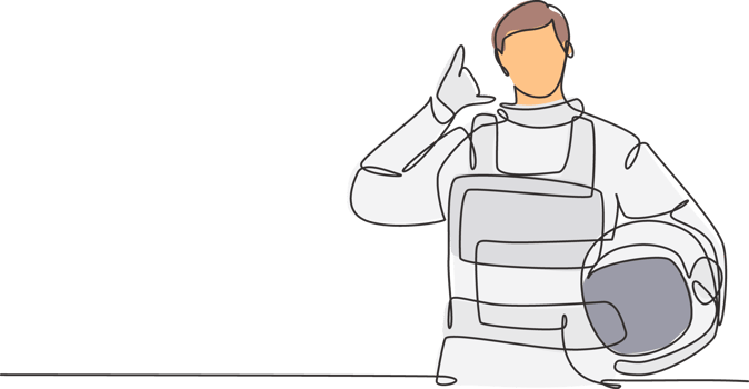 Single continuous line drawing astronaut with call me gesture wearing spacesuits to explore outer space in search mysteries of universe. Great job. One line draw graphic design illustration png