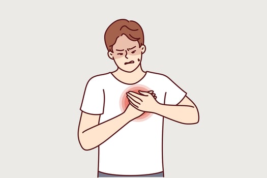 Man feels heartache suffering from cardio ailments and clutching chest during attack. Guy with heartache needs trip to hospital and professional examination by cardiologist doctor. vector