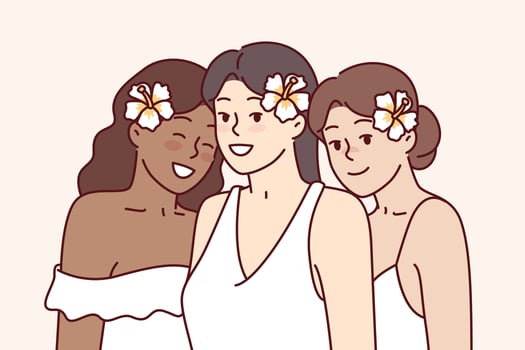 Diverse beautiful women with flowers in hair are dressed in elegant dresses for wedding ceremony. Three multicultural young bridesmaids at wedding ceremony or white party attendees vector