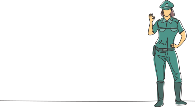 Single continuous line drawing policewoman standing with gesture okay and full uniform works to control vehicle traffic on highway. Standby on patrol. One line draw graphic design illustration png