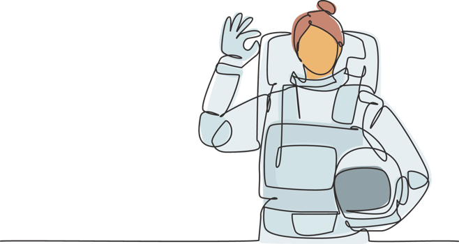 Continuous one line drawing female astronaut with gesture okay wearing spacesuits to explore outer space in search mysteries of universe. Great job. Single line draw design graphic illustration png