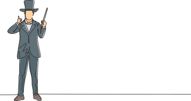 Single one line drawing of magician stands with a thumbs-up gesture wearing a hat and holding a magic wand performing tricks at a circus show. Continuous line draw design graphic illustration. png