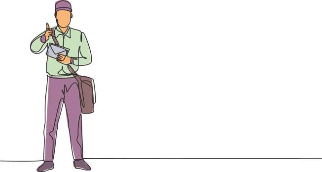 Single one line drawing of postman standing in a hat, bag, uniform, holding an envelope, and with a thumbs-up gesture delivering mail to home address. Continuous line draw design graphic illustration. png