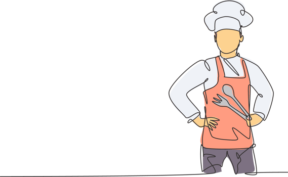 Continuous one line drawing of young male chef posing and holding spoon and fork before cooking. Professional job profession minimalist concept. Single line draw design graphic illustration png