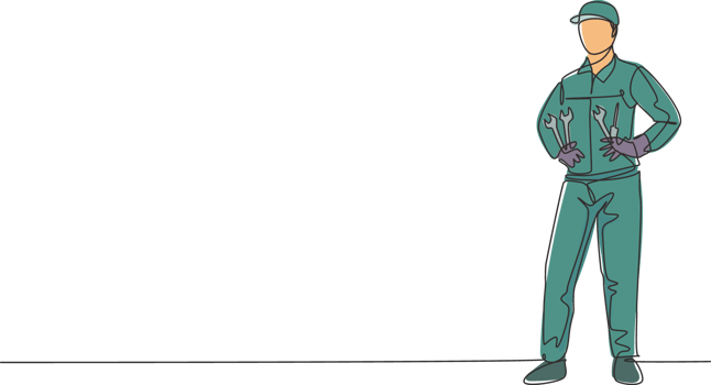 Single one line drawing of young male mechanic pose standing on workshop garage. Professional work profession and occupation minimal concept. Continuous line draw design graphic illustration png