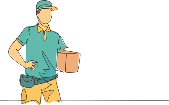 Continuous one line drawing of young delivery man holding package box to be delivered to customer. Professional job profession minimalist concept. Single line draw design graphic illustration png