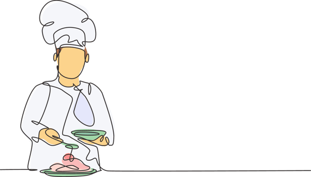 Single continuous line drawing of young happy male chef pouring sauce on main dish to serve to customer. Preparing healthy food concept one line drawing design minimalism illustration png