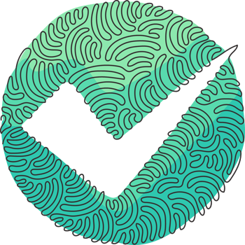 Continuous one line drawing check icon silhouette. Approved test correct right element concept design. One sketch doodle outline. Swirl curl circle style. Single line draw graphic png