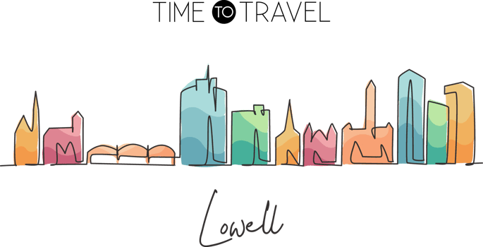 Single continuous line drawing of Lowell skyline, Massachusetts. Famous city scraper landscape. World travel home wall decor art poster print concept. Modern one line draw design illustration png