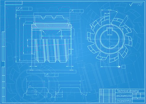 Mechanical engineering drawings on blue background. Cutting tools, milling cutter. Technical Design. Cover. Blueprint. Vector illustration.